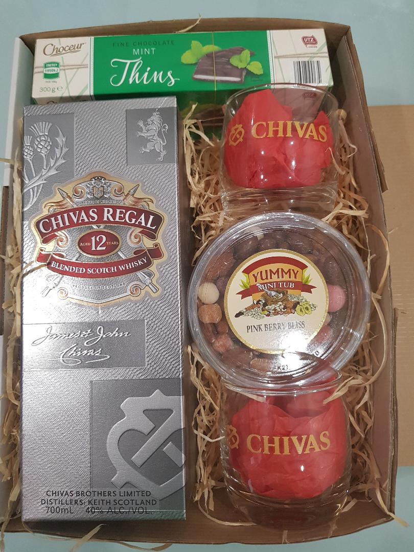 Royal Chivas Greetings Gift Box - Chivas With 2 Glasses, Chocolates And Nuts