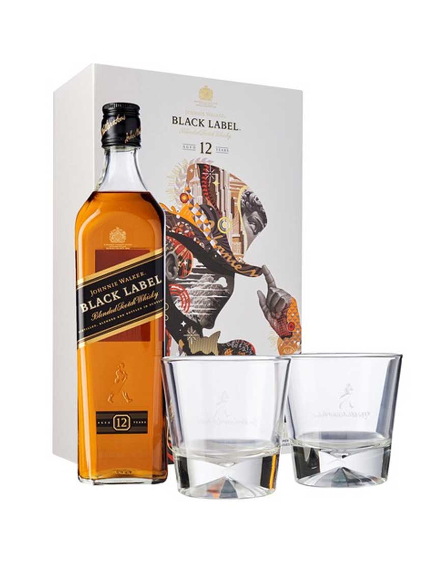 Johnnie Walker Black Gift Pack 700mL With 2 Whisky Glasses (Packing Slightly Worn)