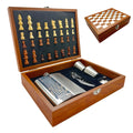 Wood Chess Game Gift Set With 8 Oz. Stainless Steel Flask 2 Shot Glasses and Wine Opener