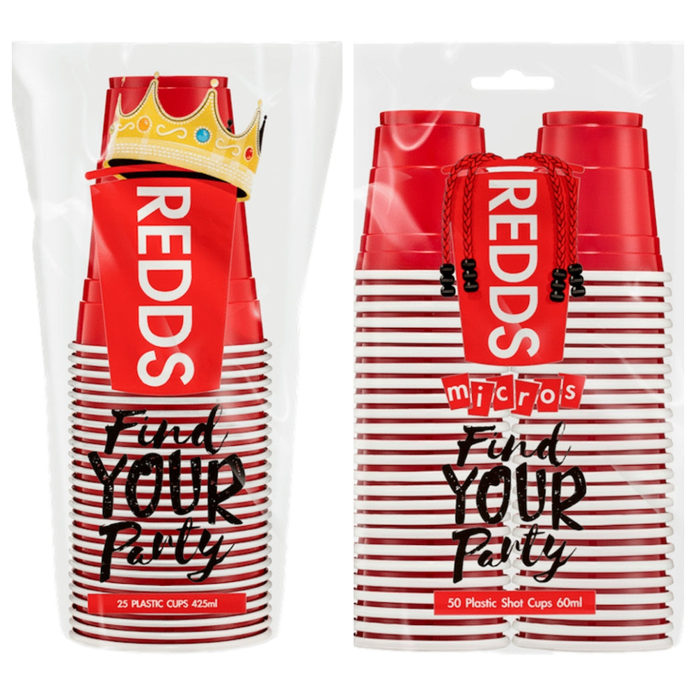 Redds Red Beer Cups (25 Pack) + Micro Shot Cups 60mL (50 Pack)